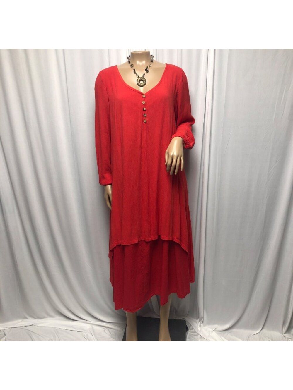Zanzea Dress Womens Size 8 Red Layered Long Sleeve V Neck Boho Hippie Lagenlook